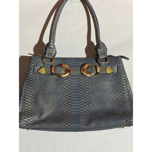 Charlie Lapson Blue Gold Crocodile EmbossedLarge Leather Hand / Tote Bag